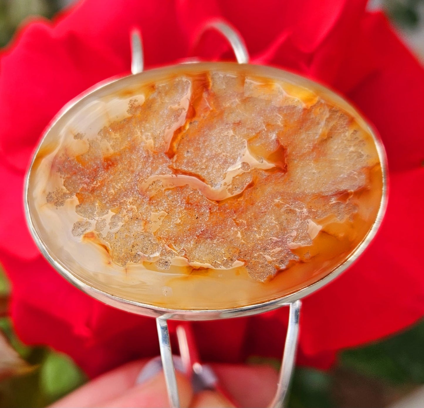 Sterling Silver Cuff bracelet with a unique 52x38mm bright orange carnelian cab, hand cut and polished to preserve the unique natural texture of the stone, wide