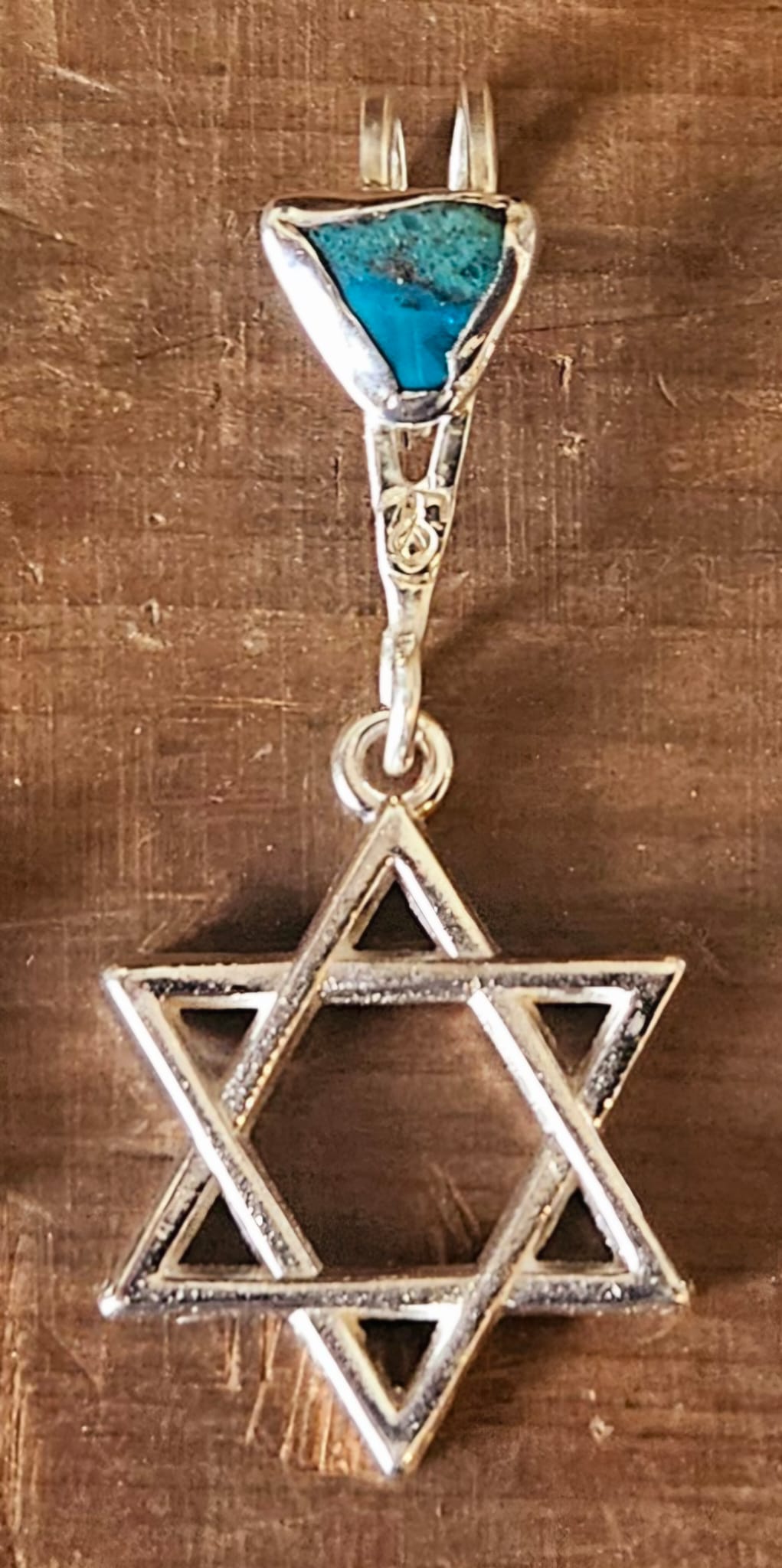Star of David Pendant / necklace, 23mm across, and sterling silver bail with a small Eilat stone set into the bail. Includes a 19 inch, sterling silver chain.