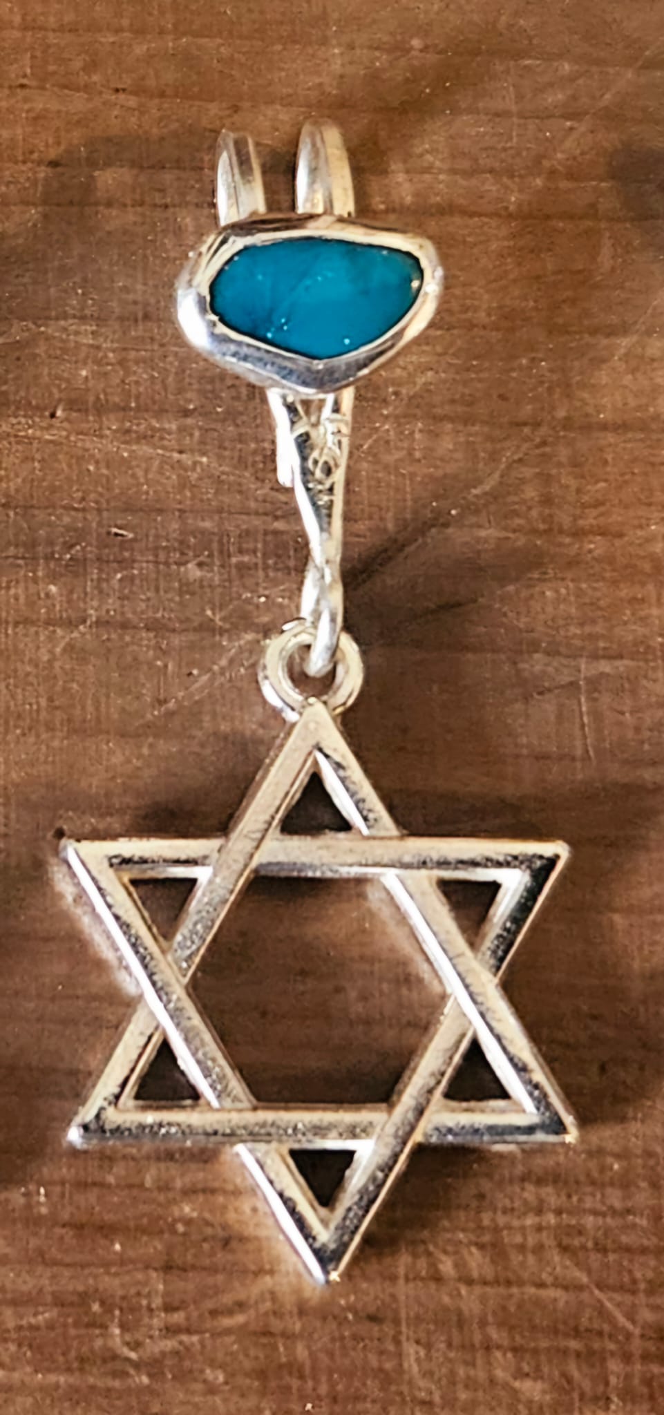 Star of David Pendant / necklace, 23mm across, and sterling silver bail with a small Eilat stone set into the bail. Includes a 19 inch, sterling silver chain.