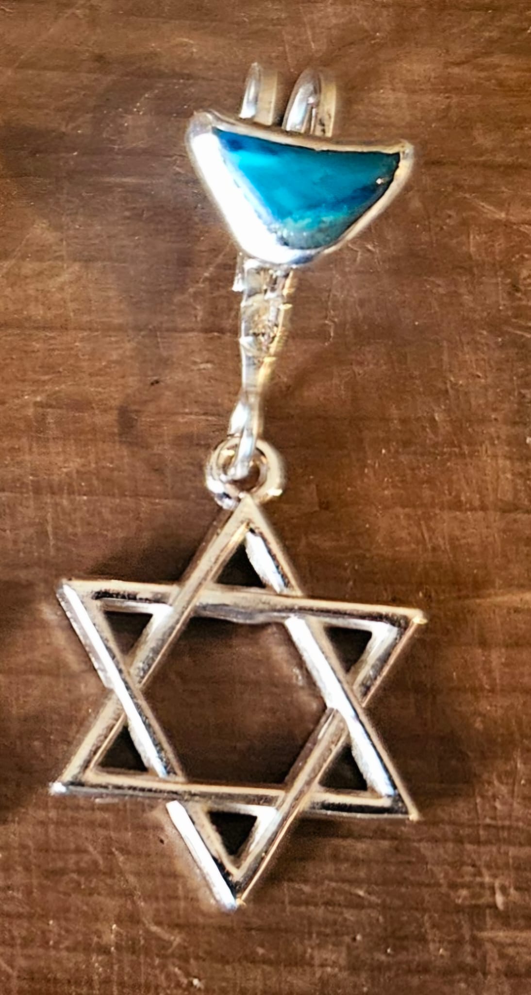 Star of David Pendant / necklace, 23mm across, and sterling silver bail with a small Eilat stone set into the bail. Includes a 19 inch, sterling silver chain.