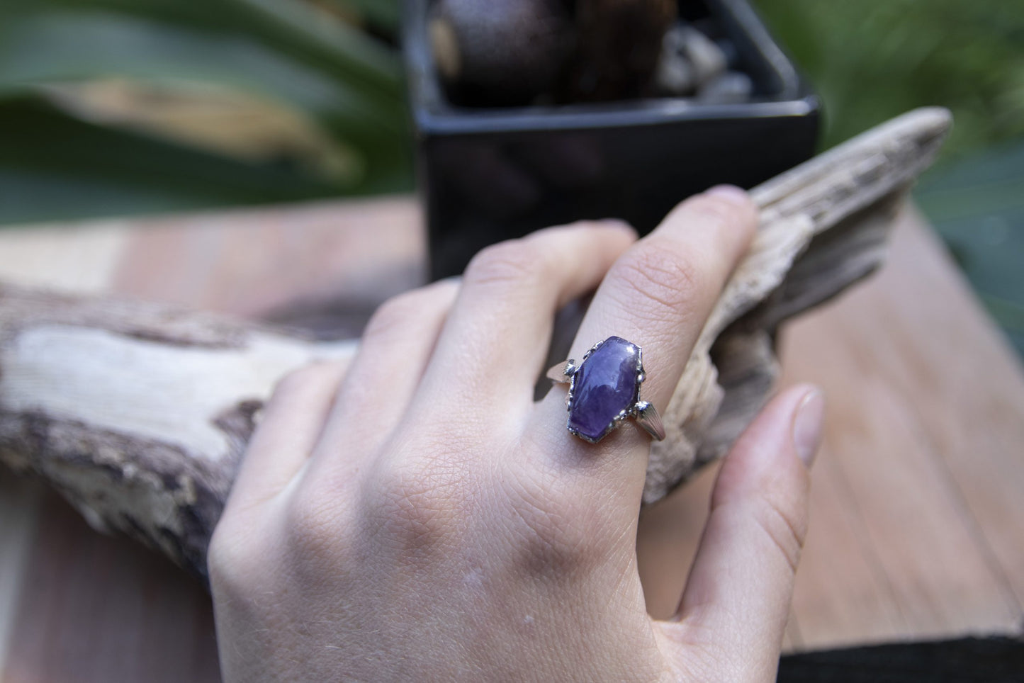 Hand cut Brazilian amethyst, unique elongated hexagon shape, set in silver plated art-deco styled adjustable ring, top view