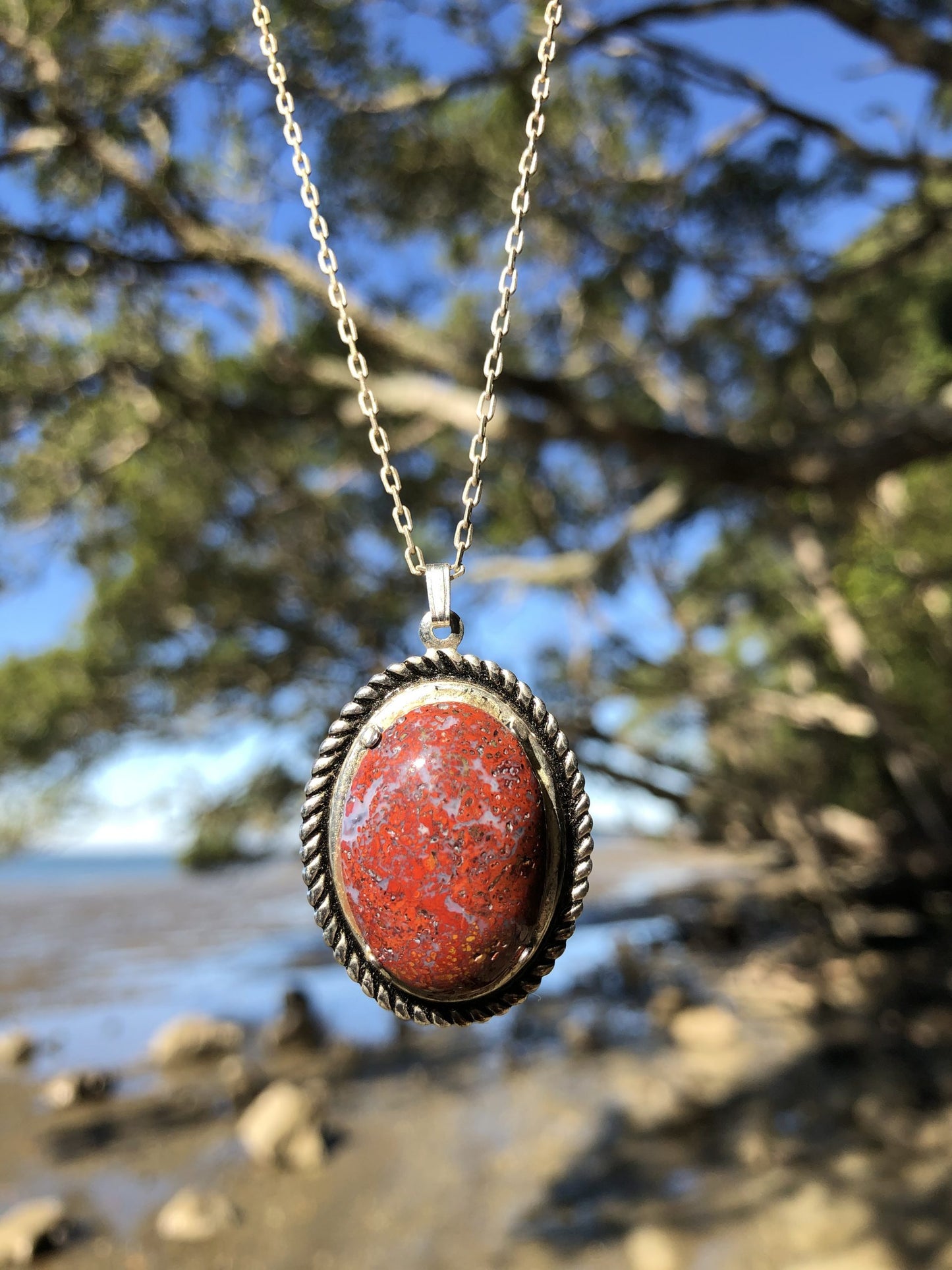 Necklace with New Zealand natural Chakra Jasper, luscious red with patterns of every color of the chakras, yellow, blue, black, orange, white patterns throughout, hand polished to a 25x18mm cabochon and set in a silver plated setting with 19 inch chain on tree