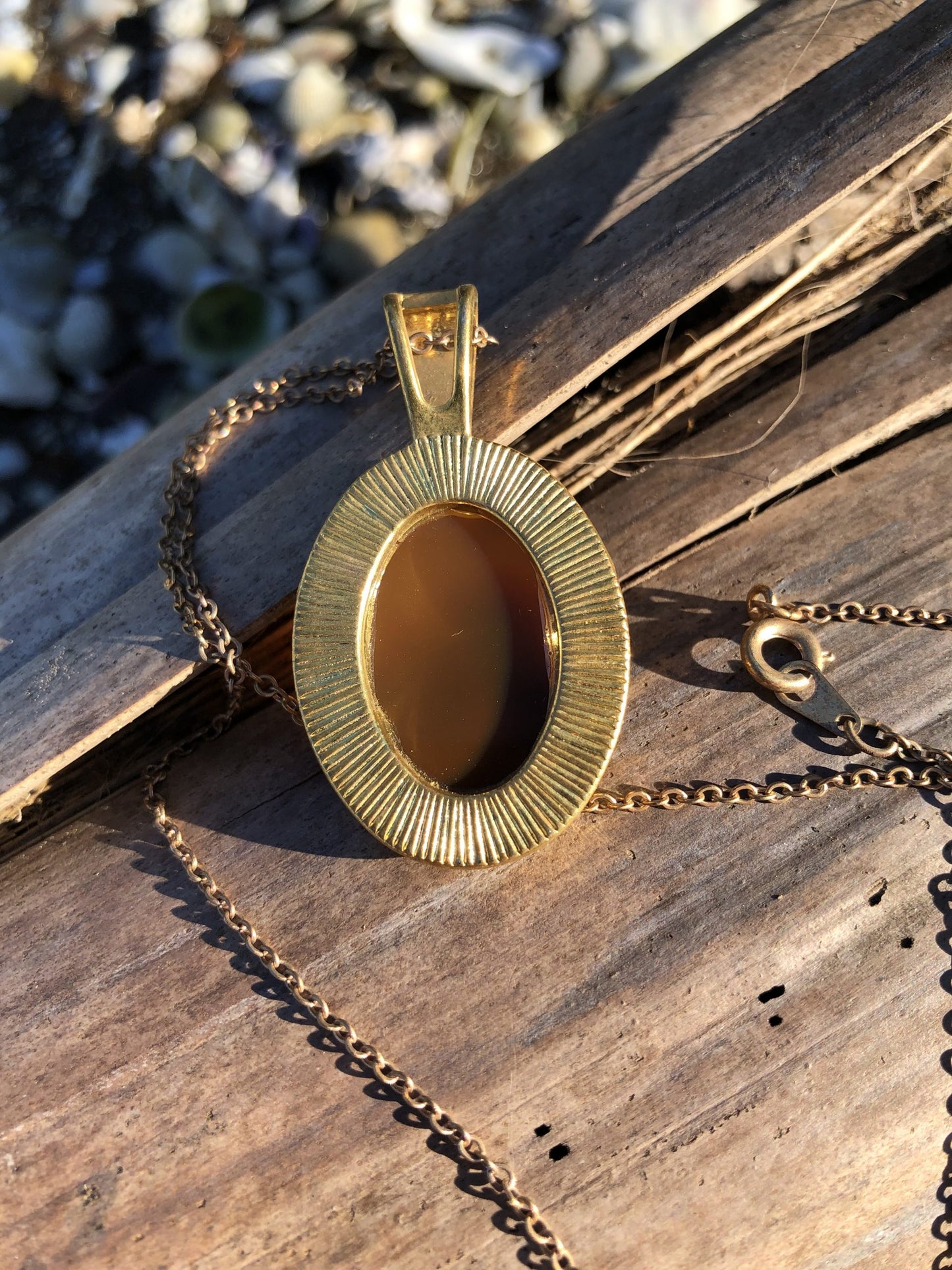 Necklace with natural New Zealand Carnelian, with sparkling translucent orange and swirling brown highlights, hand polished to a 25x18mm oval cabochon and set in a gold plated setting with 19 inch chain, back