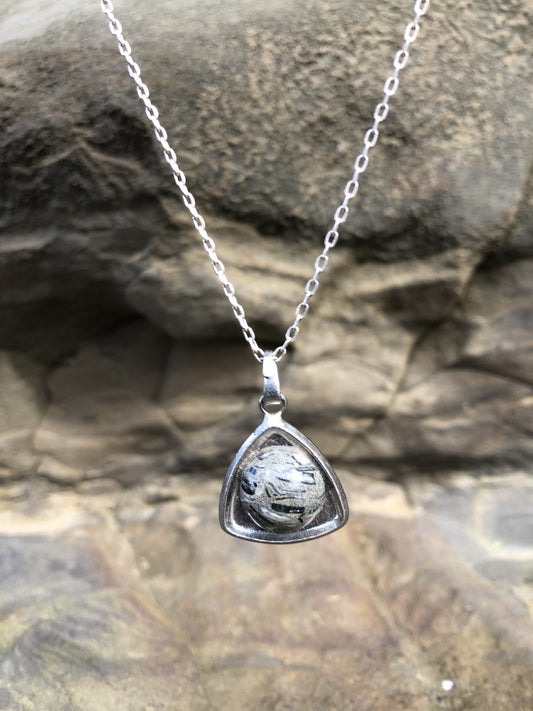 Necklace with New Zealand fossil stone from Hawkes Bay with white and black shell fossils in a gray background, hand polished to a 14mm round cabochon and set in a silver plated setting with 19 inch chain, front