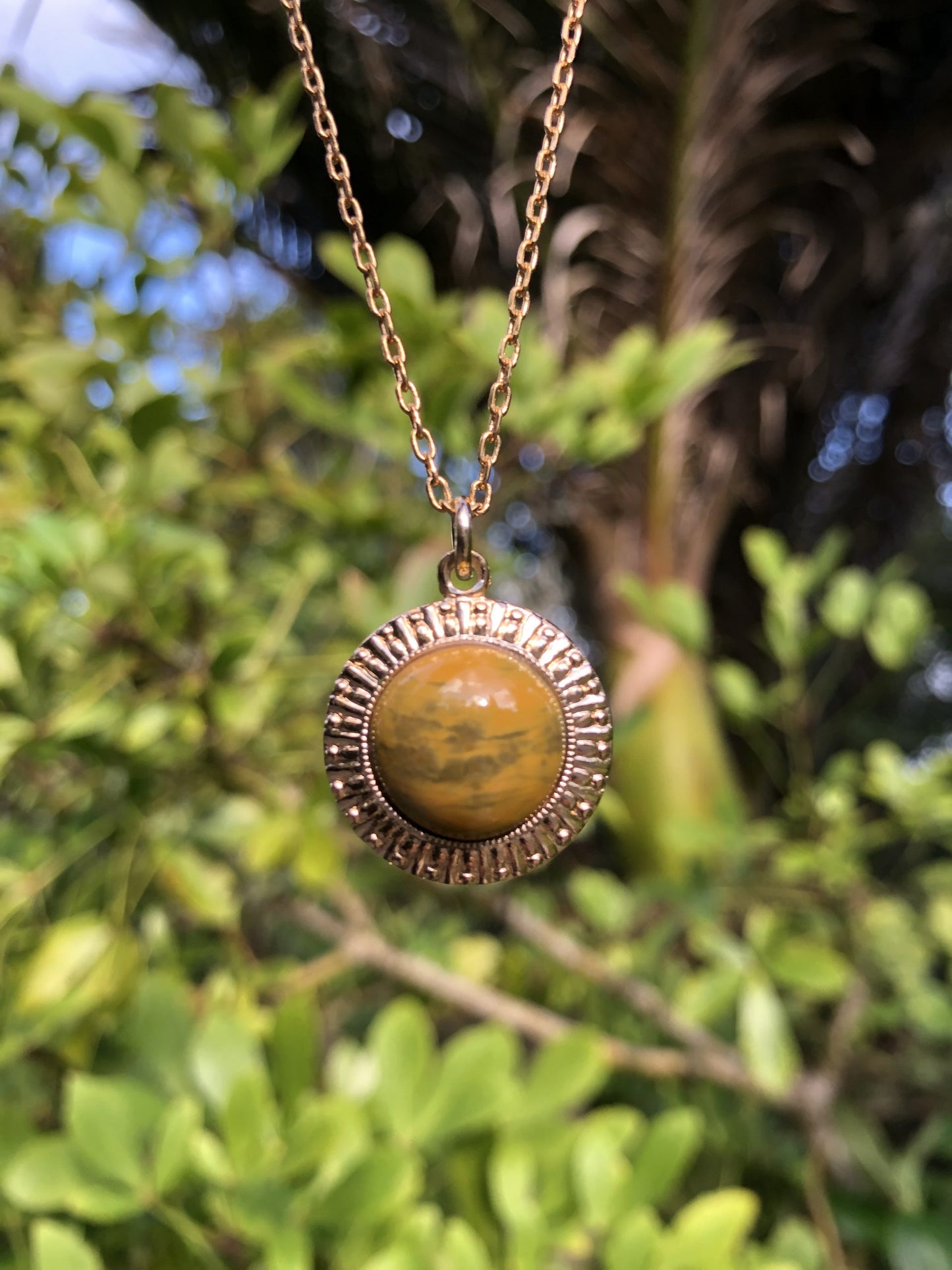 Necklace with Polagonite Jasper collected from Canterbury, South Island New Zealand by a friend of mine and hand polished into a 14mm round cabochon, set in a gold-plated setting with 19 inch chain on trees