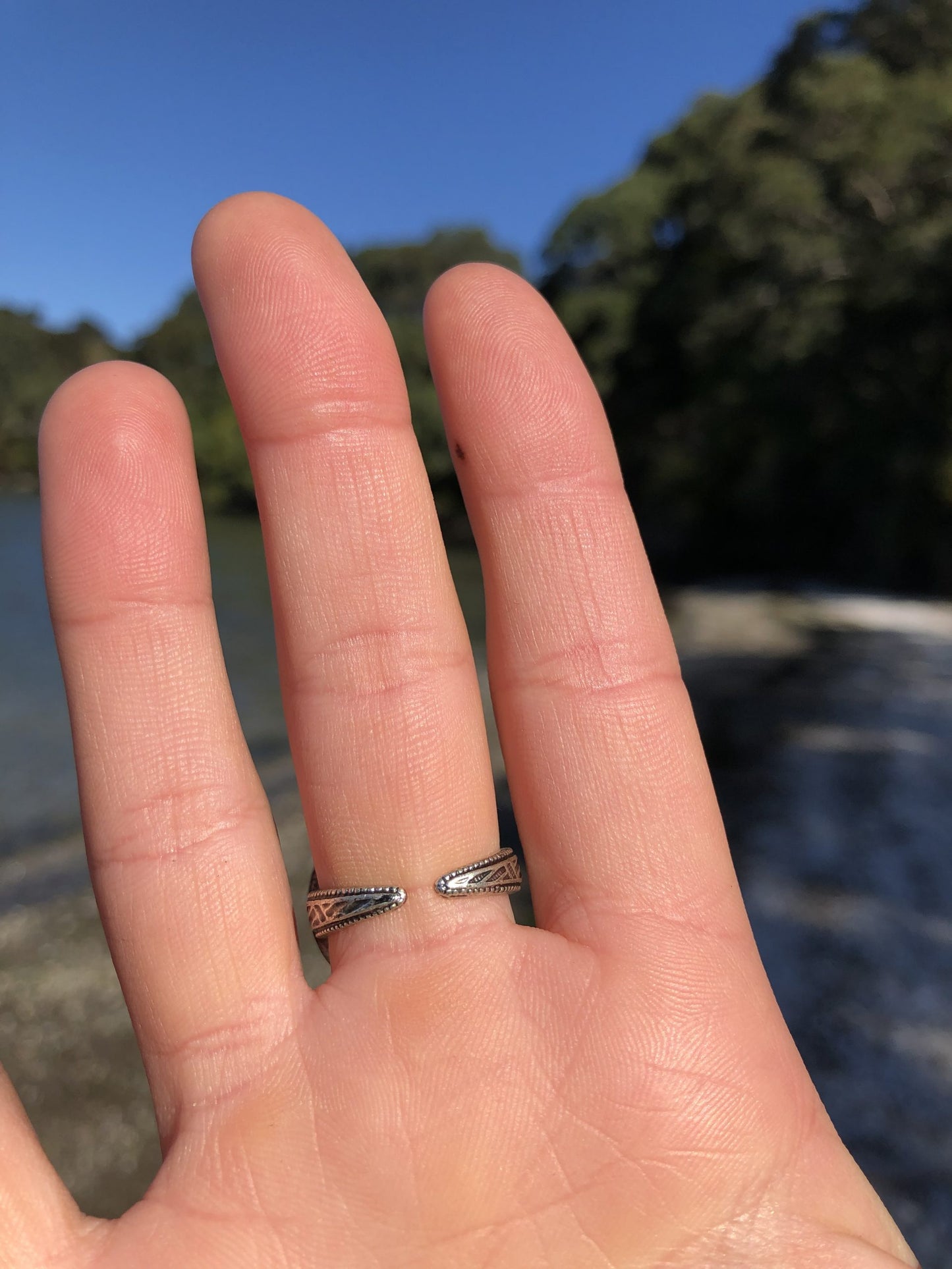 Natural, untreated nugget of Sleeping Beauty turquoisie, brilliant blue with tiny sparkling inclusions of pyrites set in a silver plated adjustable ring, palm side view