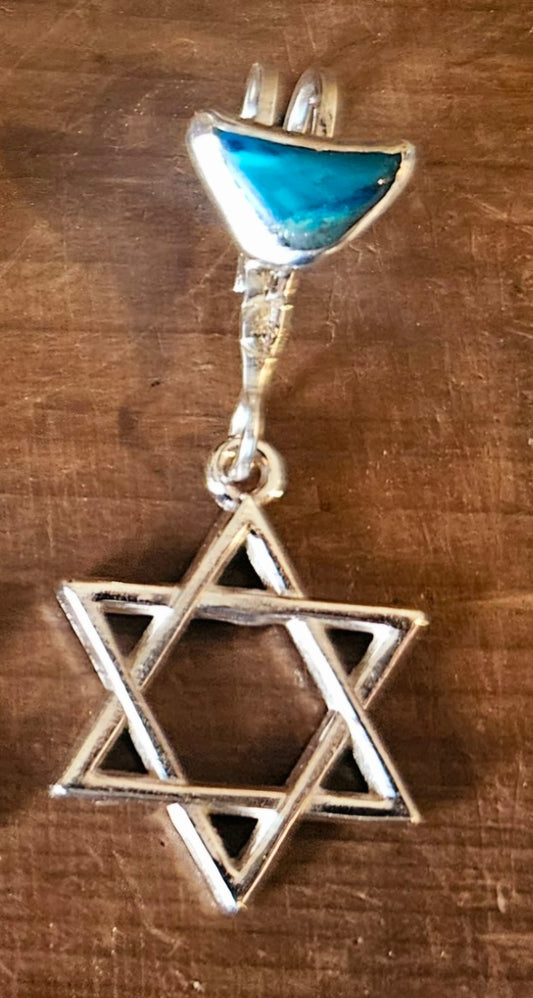 Star of David Pendant / necklace, 23mm across, and sterling silver bail with a small Eilat stone set into the bail. Includes a 19 inch, sterling silver chain.