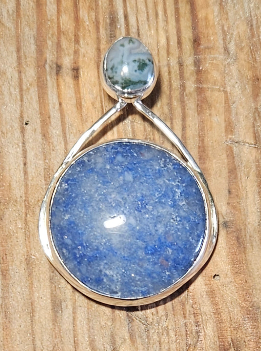 Natural Blue Quartz pendant with Moss Agate in Sterling silver with 18 inch sterling silver chain, pendant only.