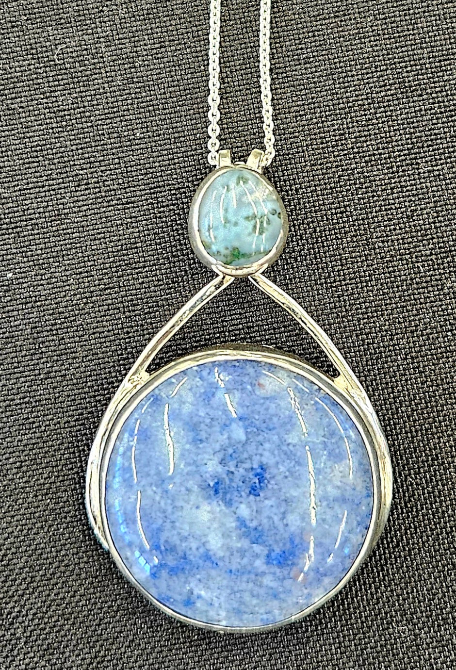 Natural Blue Quartz pendant with Moss Agate in Sterling silver with 18 inch sterling silver chain