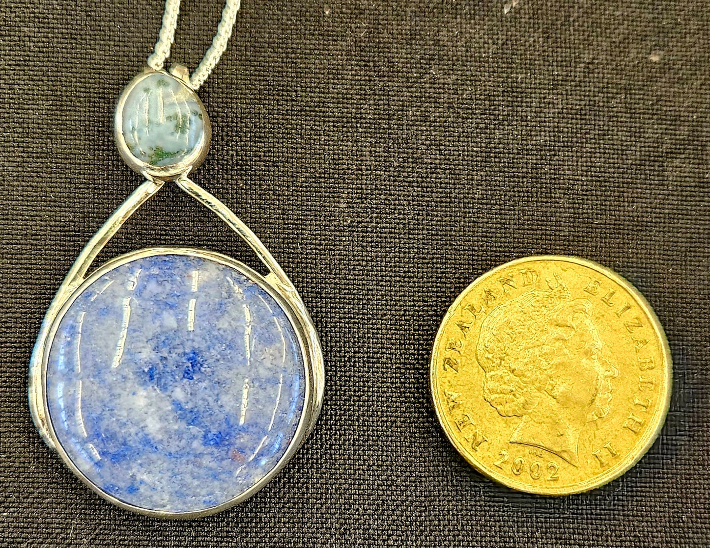 Natural Blue Quartz pendant with Moss Agate in Sterling silver with 18 inch sterling silver chain with NZ one dollar coin for size comparison.
