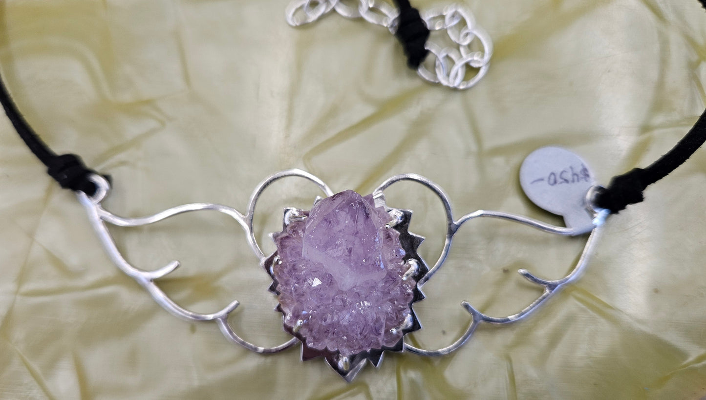 Large (100mm) sterling silver Heart-Wings choker-Necklace with Mystic Amethyst and leather chord.