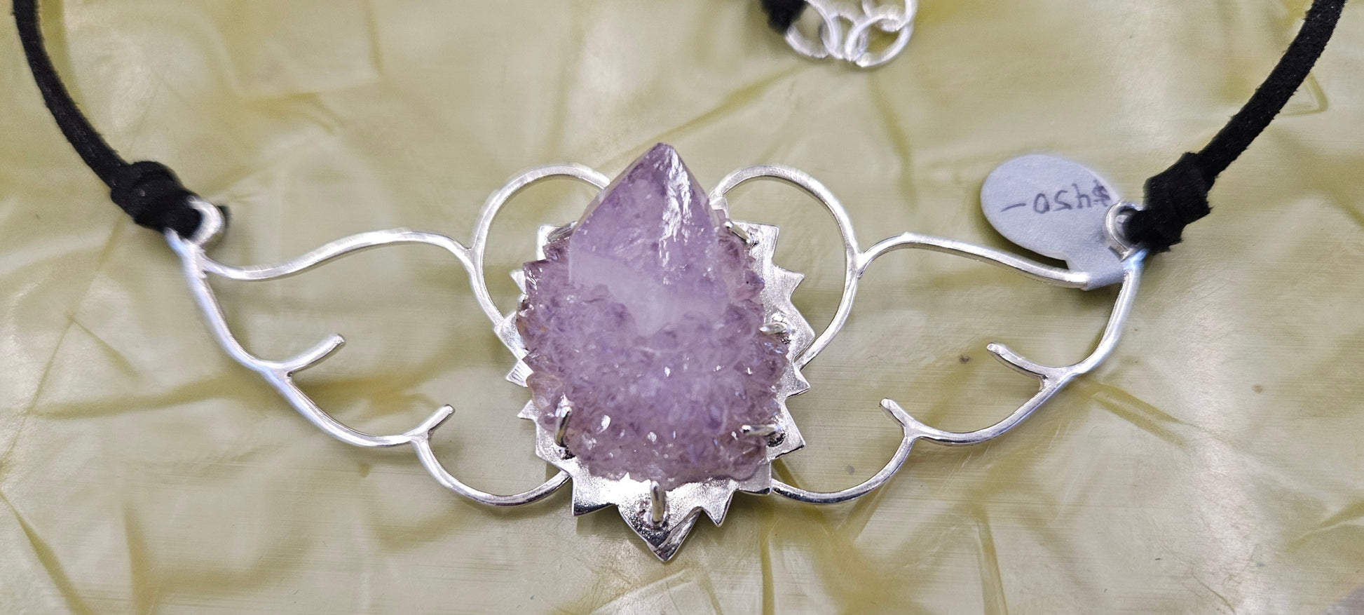 Large (100mm) sterling silver Heart-Wings choker-Necklace with Mystic Amethyst and leather chord, closeup of stone.