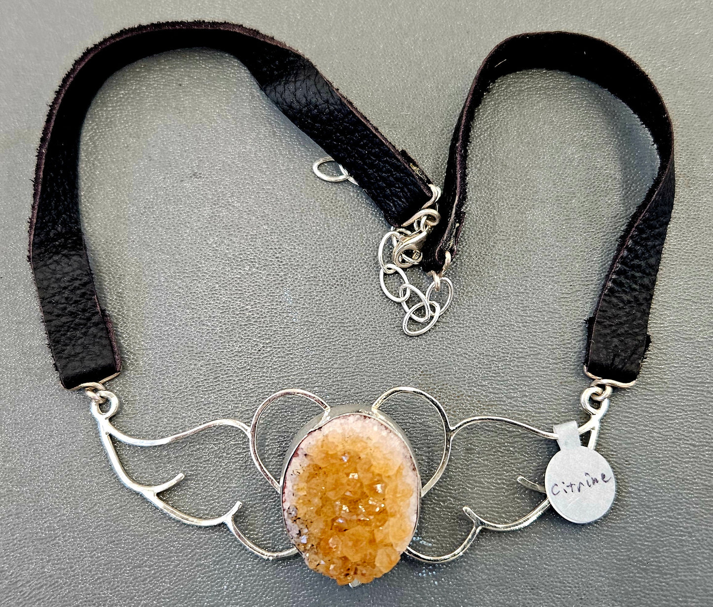 Large (100mm) sterling silver Heart-Wings choker-Necklace with Citrine Druzy and leather strap.