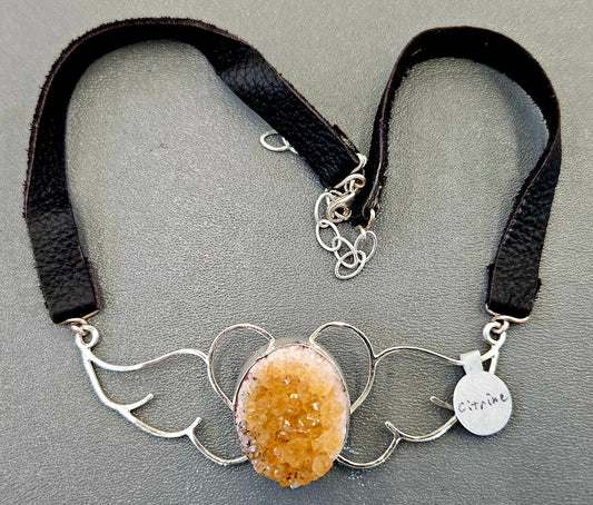 Large (100mm) sterling silver Heart-Wings choker-Necklace with Citrine Druzy and leather strap.