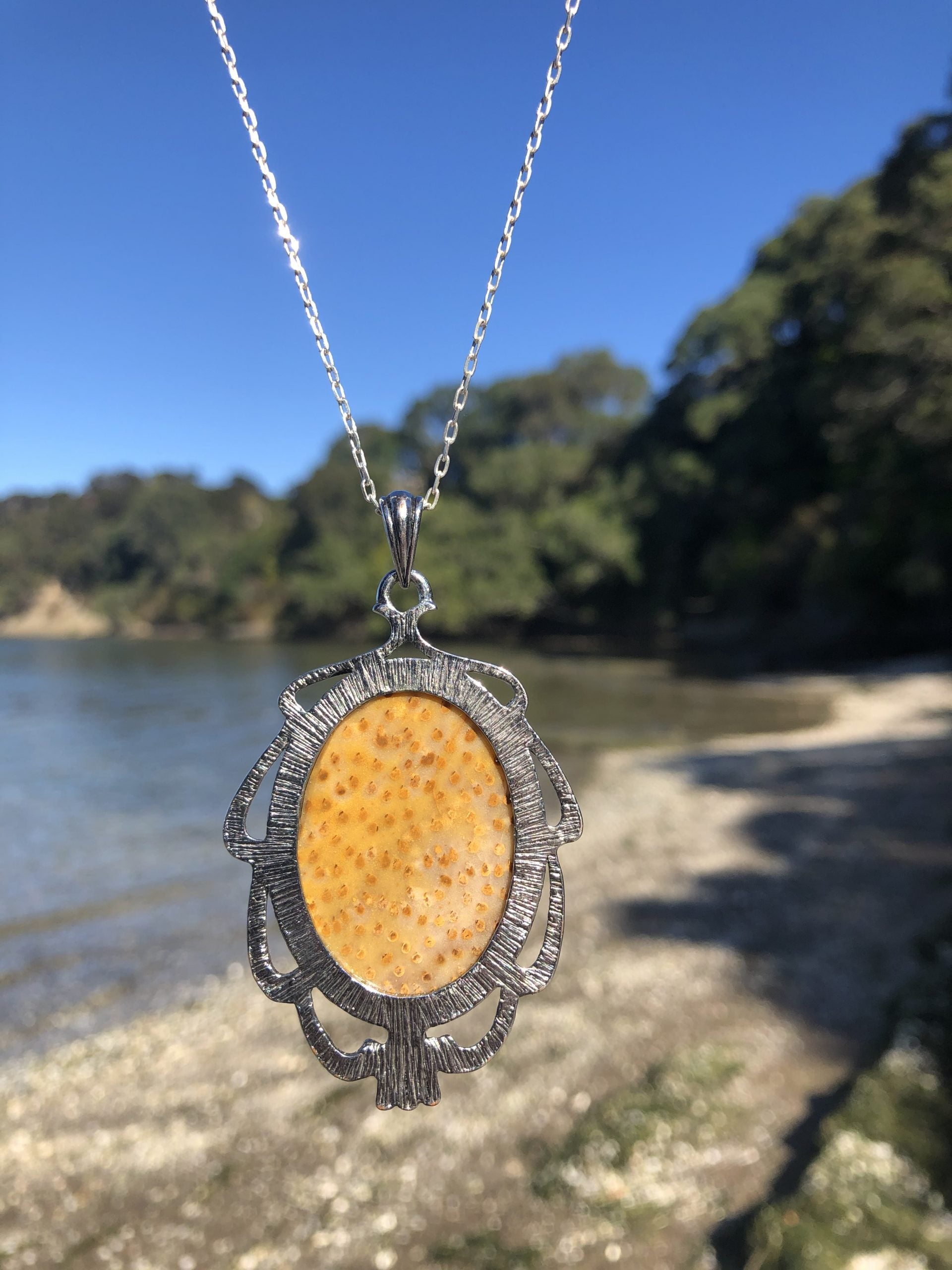 Necklace with petrified palm wood. This was claimed to be New Zealand palm but it looks more like some Australian palm wood. Either way, it's beautiful, cut cross-section to reveal a dotted pattern with lovely brown, yellow and orange patterns, cut to a 40x30mm cabochon and set in silver plated setting with 19 inch chain - back