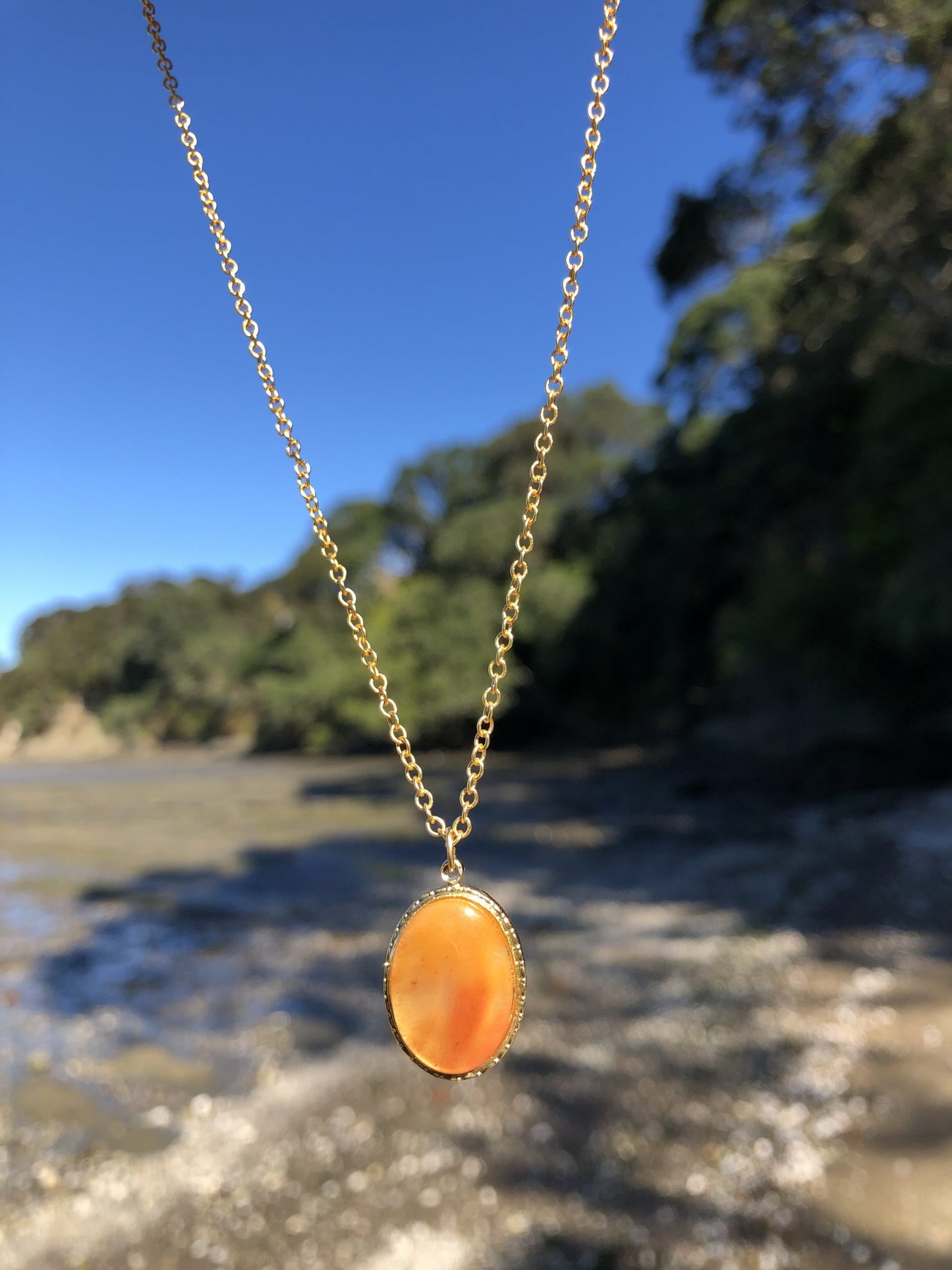 Necklace of Arizona USA "Rainbow" wood, bright orange, hand polished to an 18x13mm cabochon and set in gold plated setting with 19 inch chain.