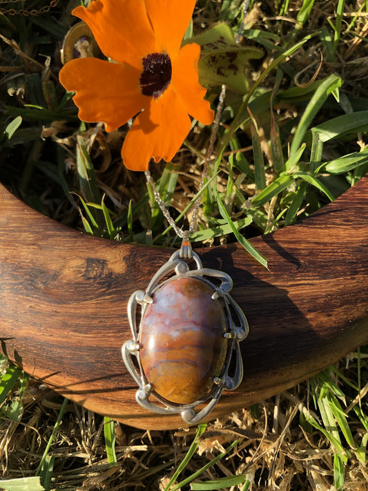 Necklace with New Zealand stunning Chakra Jasper-Agate, hand polished to a 25x18mm cabochon and set in a Sterling silver setting with 20 inch Sterling silver chain.