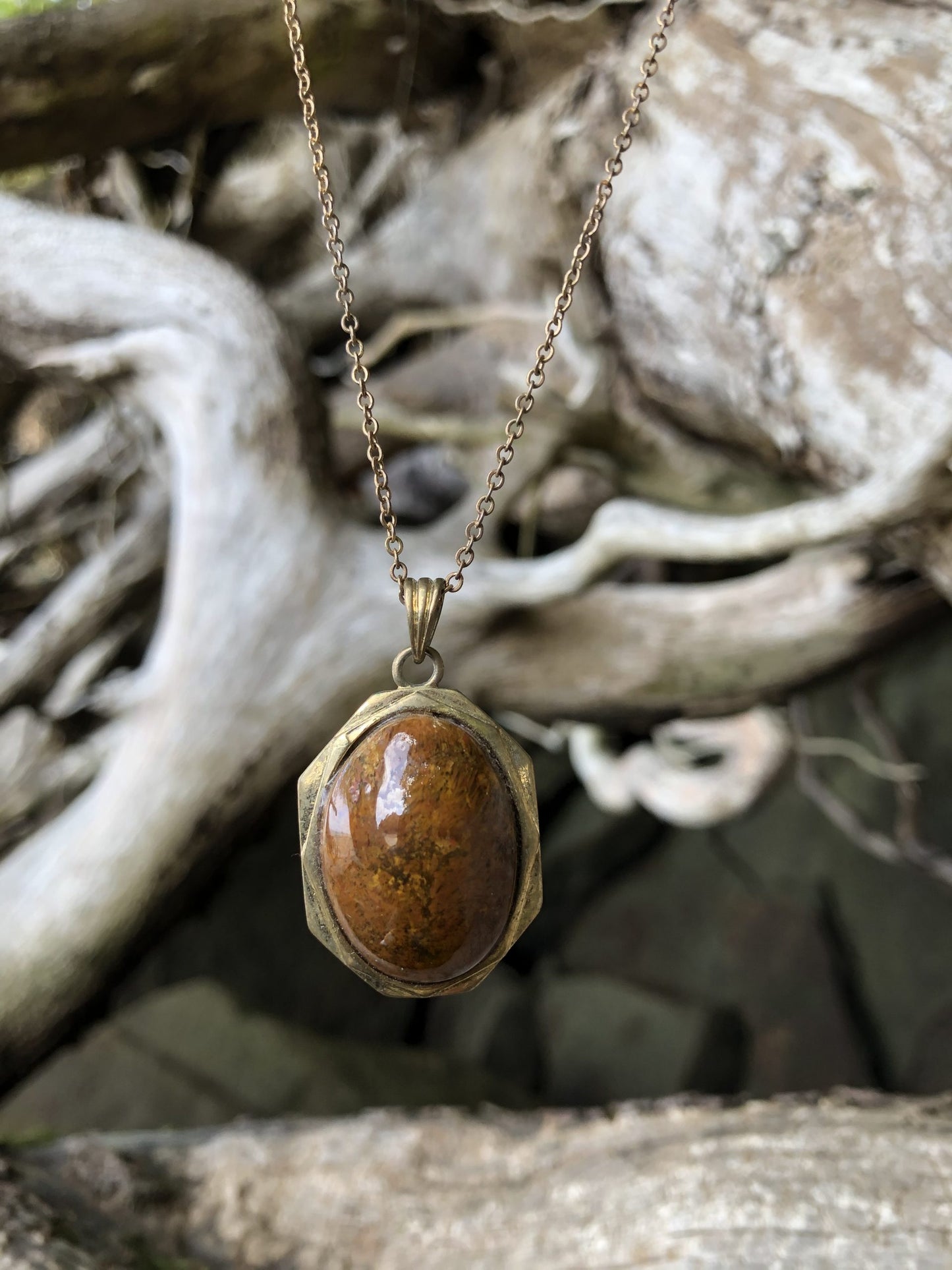 Necklace with New Zealand natural Chakra Jasper, luscious red with patterns of every color of the chakras, yellow, blue, black, orange, white patterns throughout, hand polished to a 25x18mm cabochon and set in a gold-plated setting with 19 inch chain on driftwood