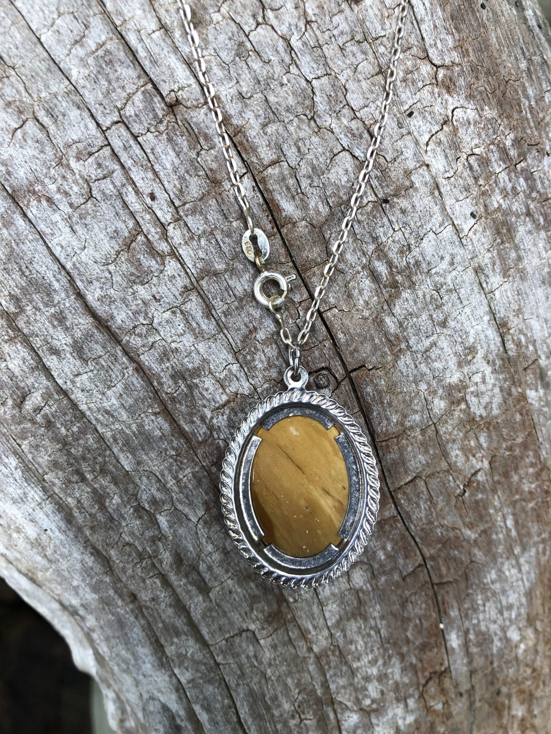 Necklace with natural petrified wood from Coromandel, New Zealand with subtle brown and tan tones along the grain lines, hand polished to a 25x18mm cabochon and set in a silver-plated setting with 19 inch chain, back
