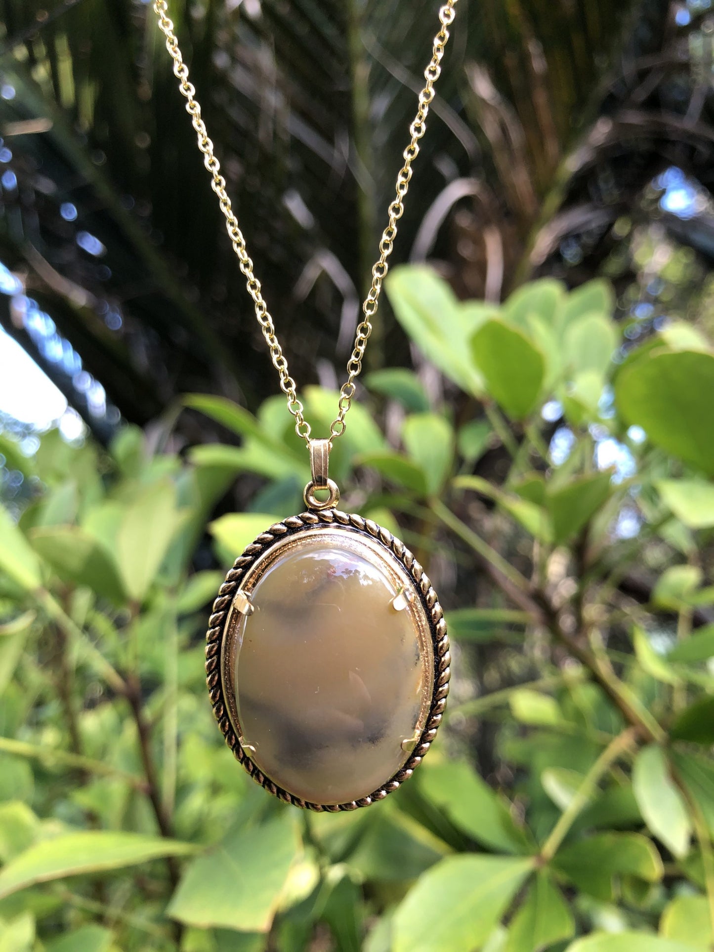 Necklace with natural petrified wood from Coromandel, New Zealand with subtle brown and tan tones along the grain lines, hand polished to a 30x22mm cabochon and set in a gold plated setting with 19 inch chain.