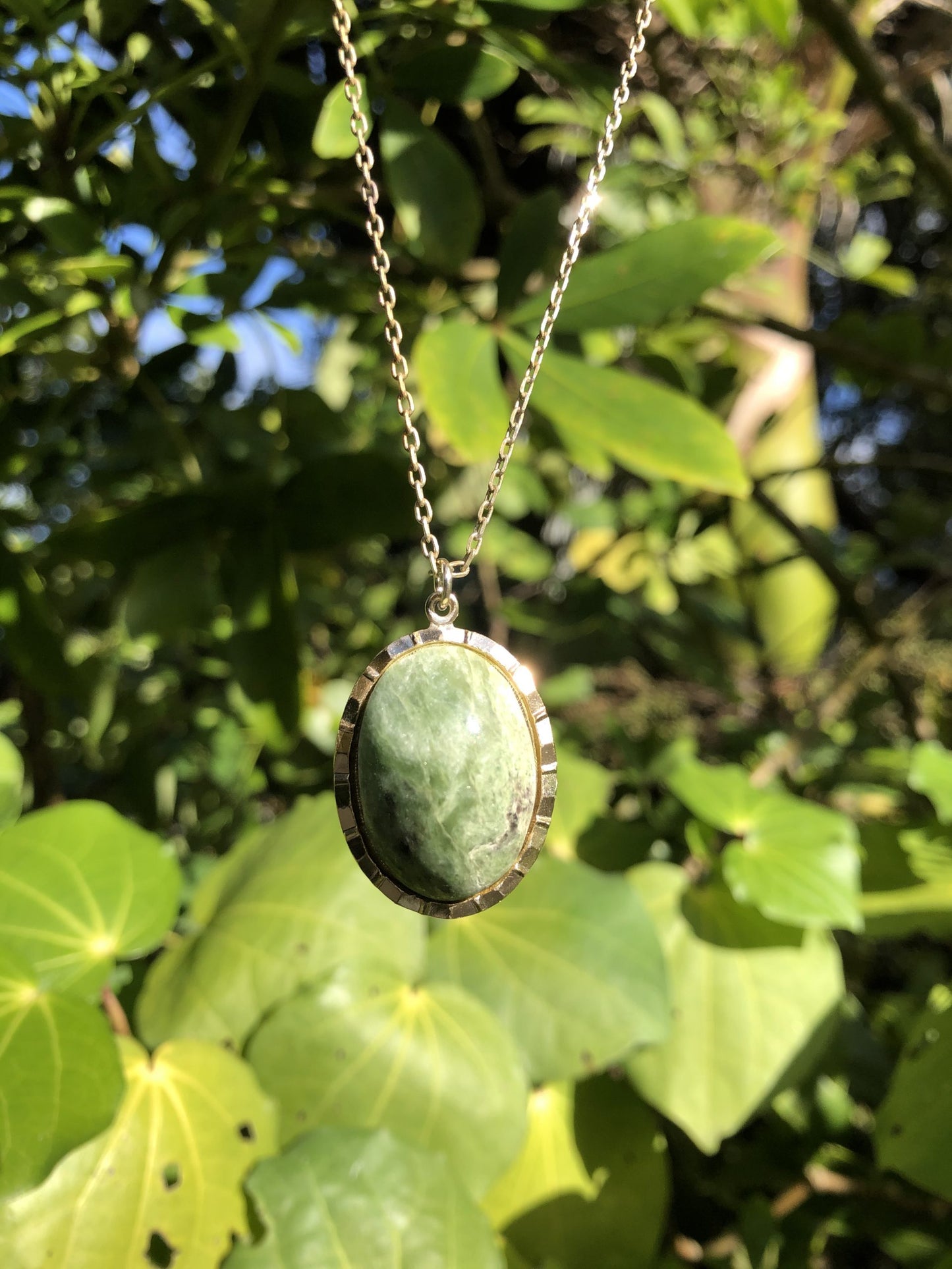 Necklace with natural New Zealand serpentine, green with subtle markings, hand polished to a 25x18mm cabochon and set in a gold plated setting with 19 inch chain, on bush