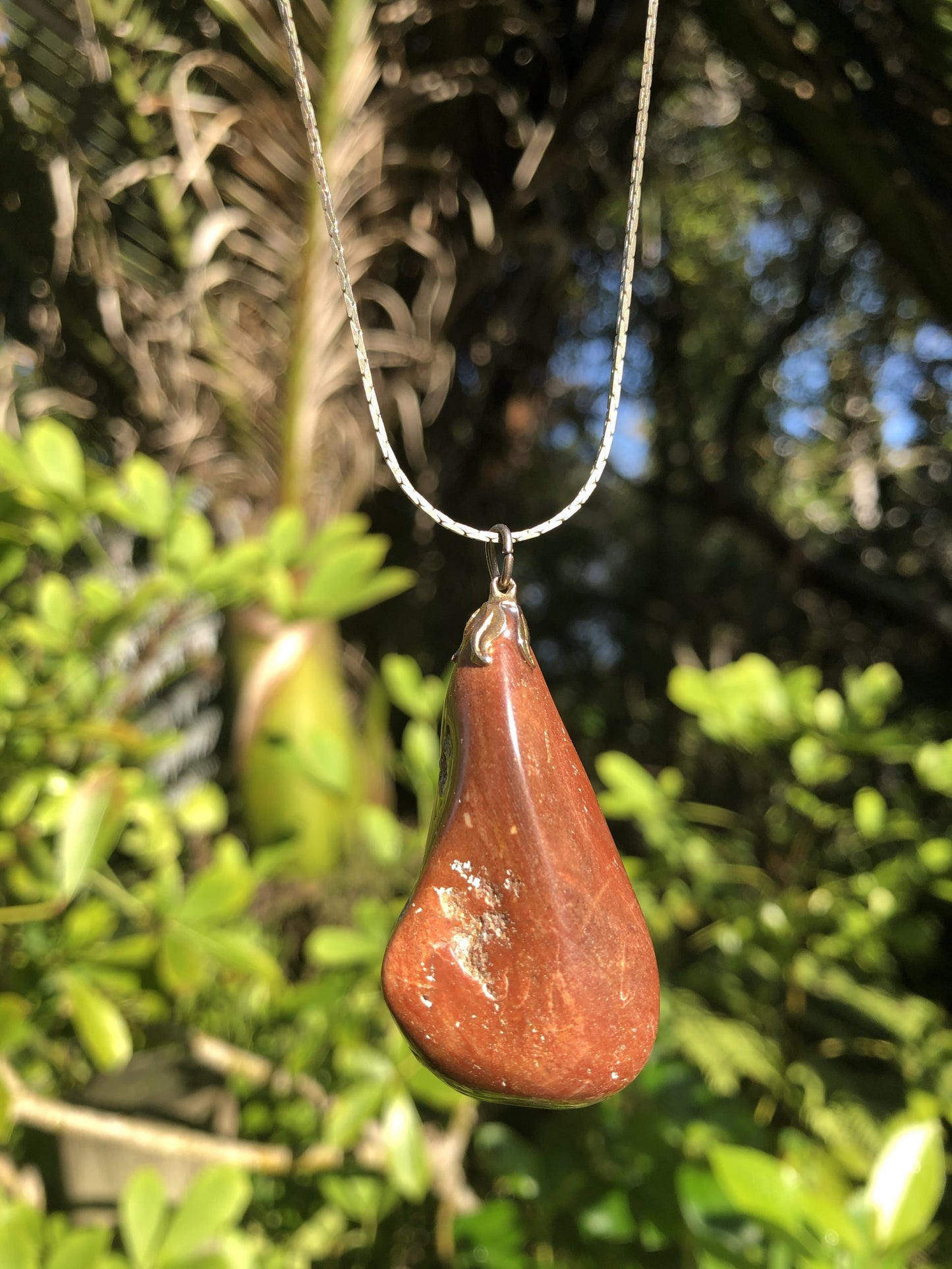 Necklace with a unique red jasperized wood (petrified to jasper), found on a beach on Western Coromandel and tumble polished to a 47mm long idiosyncratic drop, mounted with a gold plated bell cap, with a 19 inch chain, in forest