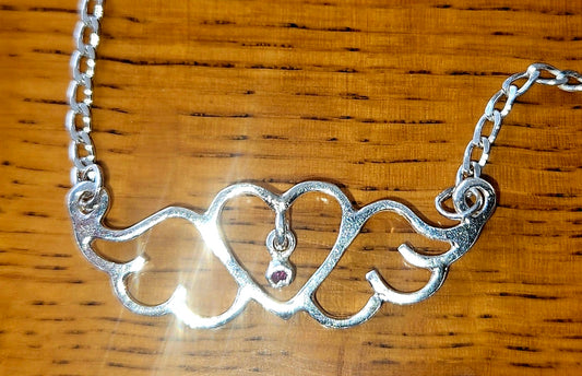 Small (40mm wide) Heart-Wing pendant with a ruby charm, all in solid sterling silver and a solid sterling silver heavy chain with sparkl