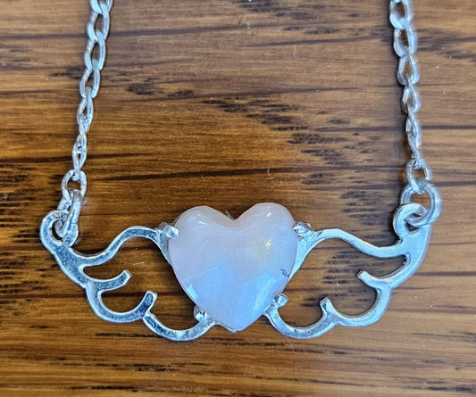 Small (40mm wide) Heart-Wing pendant with a 13x13mm heart cabochon, hand cut and polished from natural Peruvian pink opal, all in solid sterling silver and a solid sterling silver heavy chain.