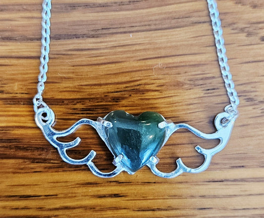 Small (40mm wide) Heart-Wing pendant with a 13x13mm heart cabochon, hand cut and polished from natural New Zealand Pounamu (nephrite jade), all in solid sterling silver and a solid sterling silver chain.